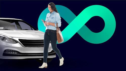 A graphic on a navy blue back drop with a woman walking while looking at a cellphone and the front half of a car.